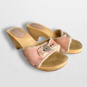 Kathy Van Zeeland Pink Suede Buckle Fleece Wood Platform Sandals Heel Clogs sz 8